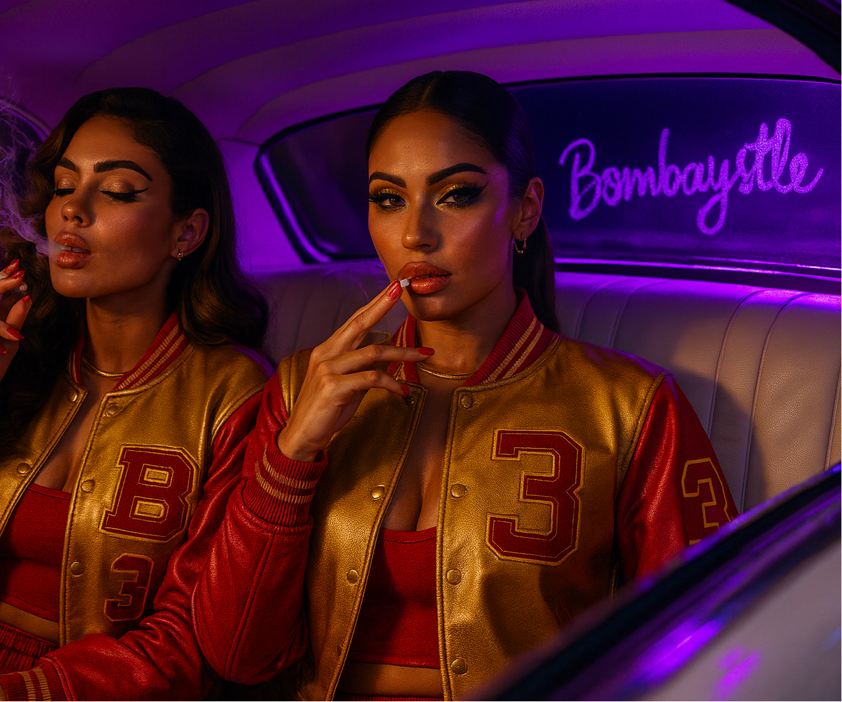 cali_bombay Bombay hustle Two women in matching gold and red varsity jackets sitting in a car with 'Bombaystyle' neon sign.